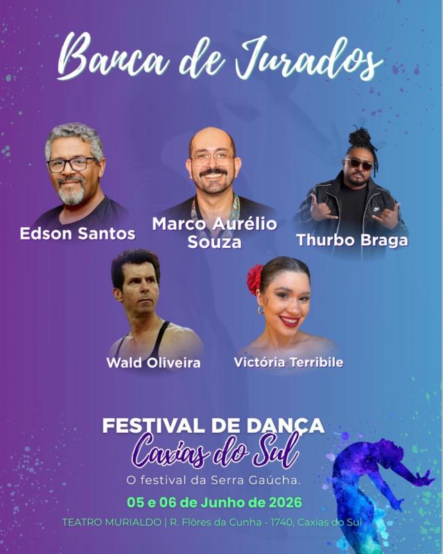 A banca de jurados do Festival de Dança Caxias do Sul está confirmada! 🤩 Nomes que respiram dança, que conhecem cada detalhe do movimento e que vão avaliar com técnica, sensibilidade e muito respeito pela arte de cada participante.